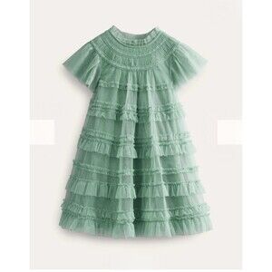 Mini Boden Girls flutter sleeve Tulle Tiered Dress in Green Smoke size 4/5 EUC
